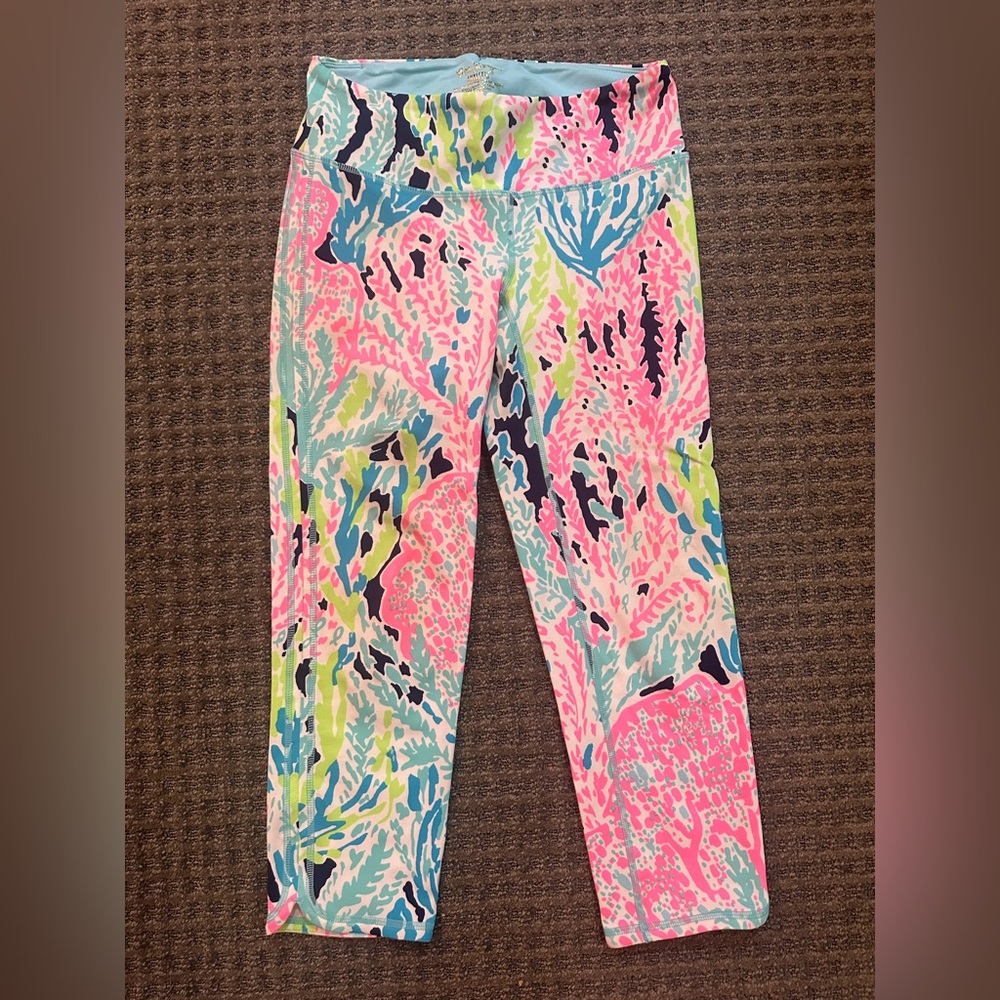 Lilly Pulitzer Aqua and Multicolor Cropped Leggings Luxletic Size Small